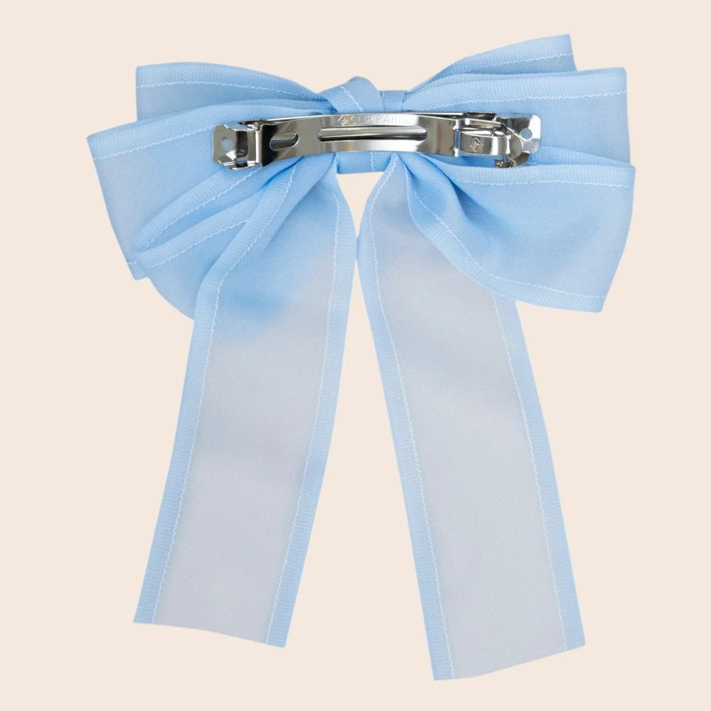 Light Blue Sheer Ribbon Hair Bow French Barrette Clip Long Tail Accessory Kids